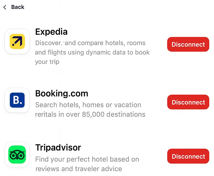 Ajustes de conectores de ChatGPT con las integraciones de Expedia, Booking.com y Tripadvisor