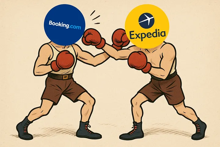 Booking.com y Expedia representados como dos boxeadores enfrentados en un ring