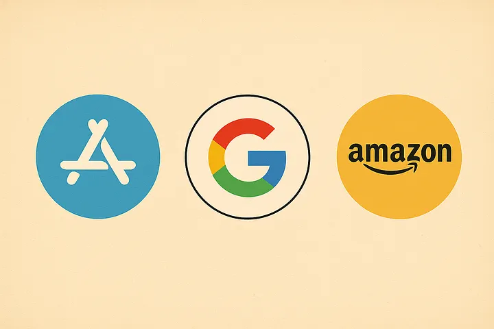 Los logotipos de App Store, Google y Amazon, tres plataformas que han monetizado la visibilidad