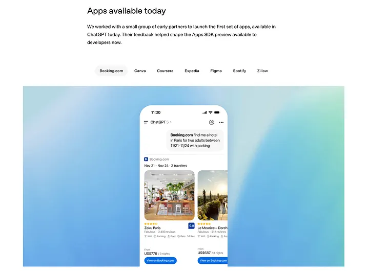 OpenAI: apps disponibles hoy en ChatGPT, con pestañas de Booking.com, Canva, Coursera, Expedia, Figma, Spotify y Zillow sobre un resultado de hotel de Booking.com