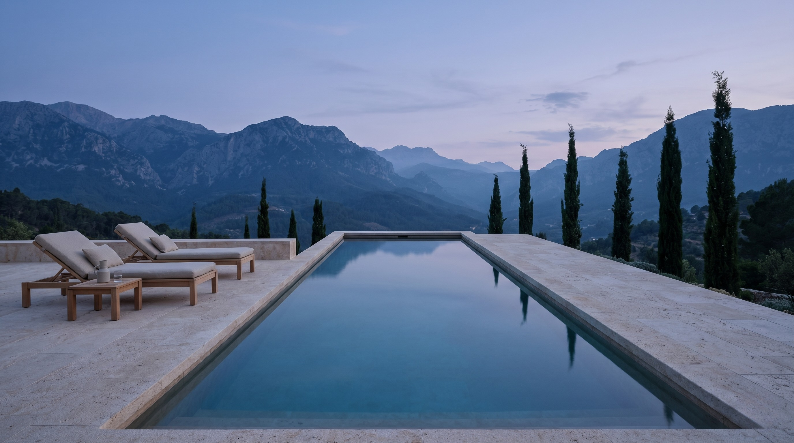 A Mediterranean coastal hotel at dusk