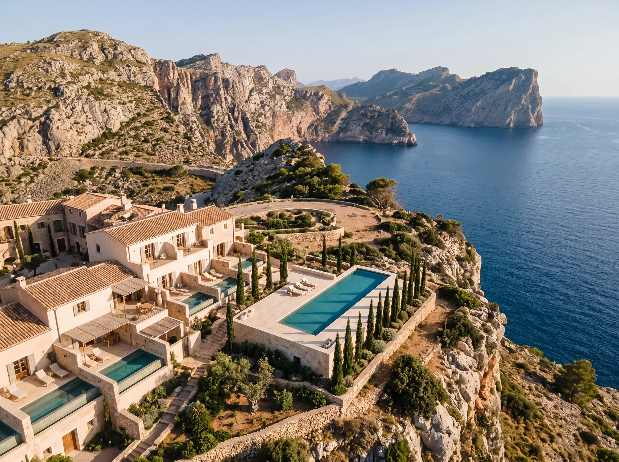 Mediterranean coastal hotel and pool from the air