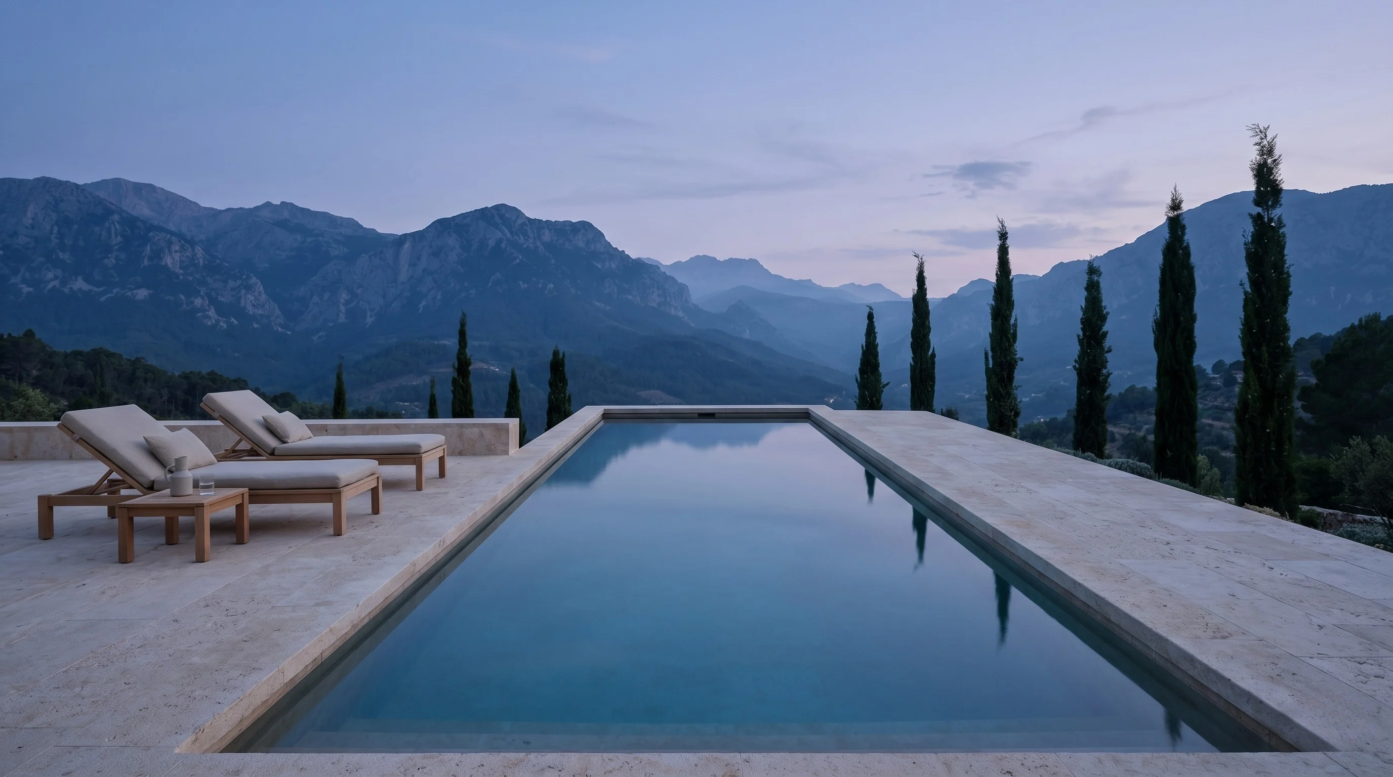 Mediterranean hotel terrace and pool at golden hour
