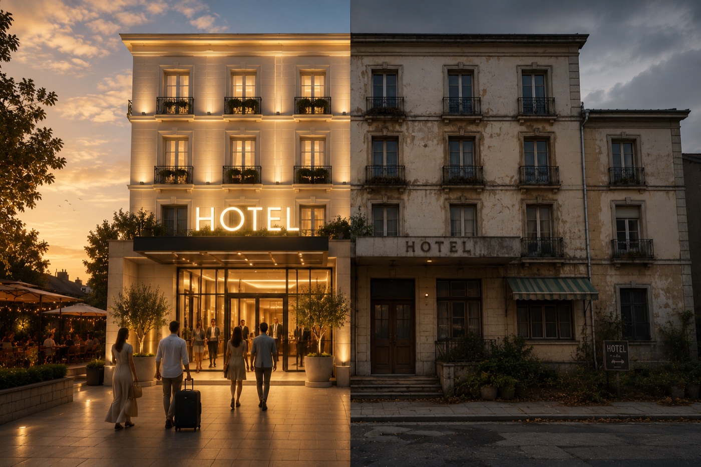 Una imagen dividida del mismo hotel: una mitad iluminada y acogiendo a los huéspedes, la otra apagada y descolorida