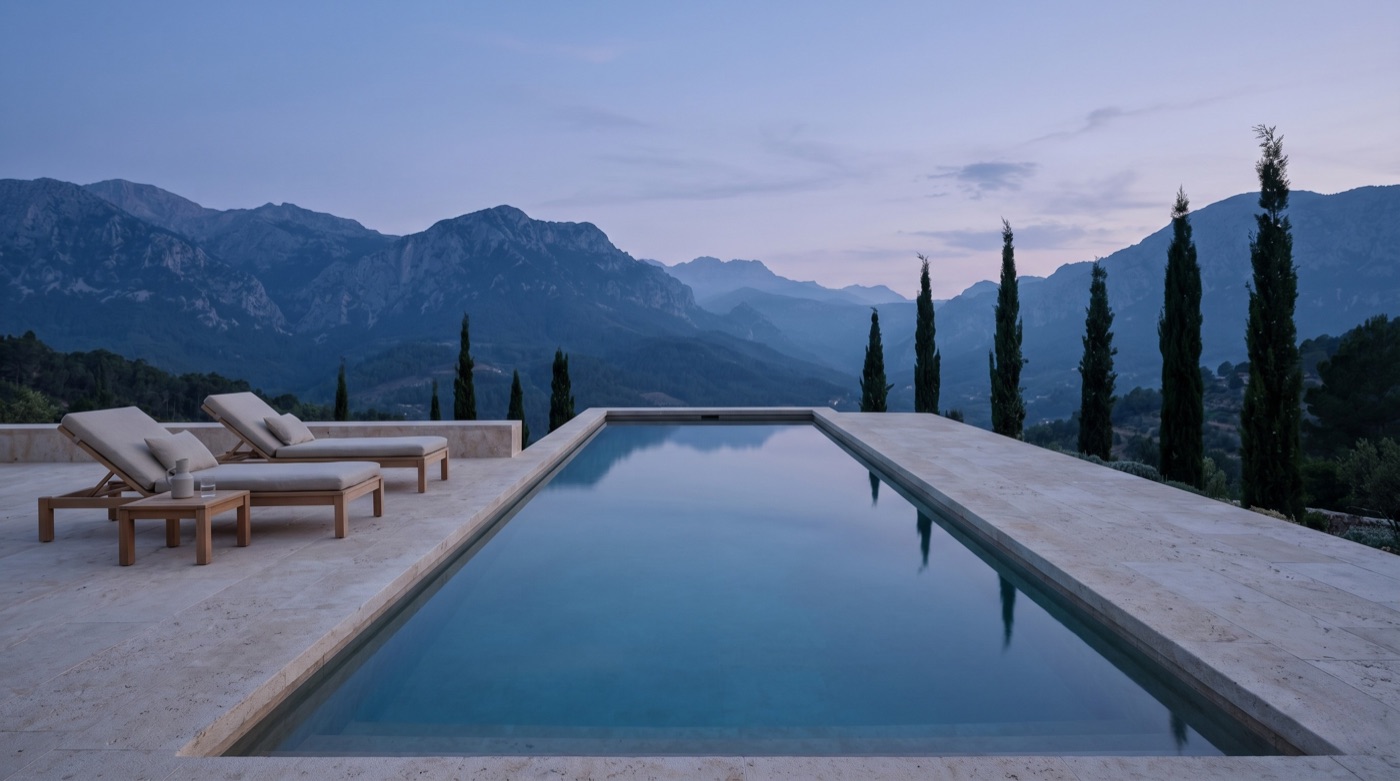 An infinity pool at a rural hotel at dusk, overlooking mountains and cypress trees
