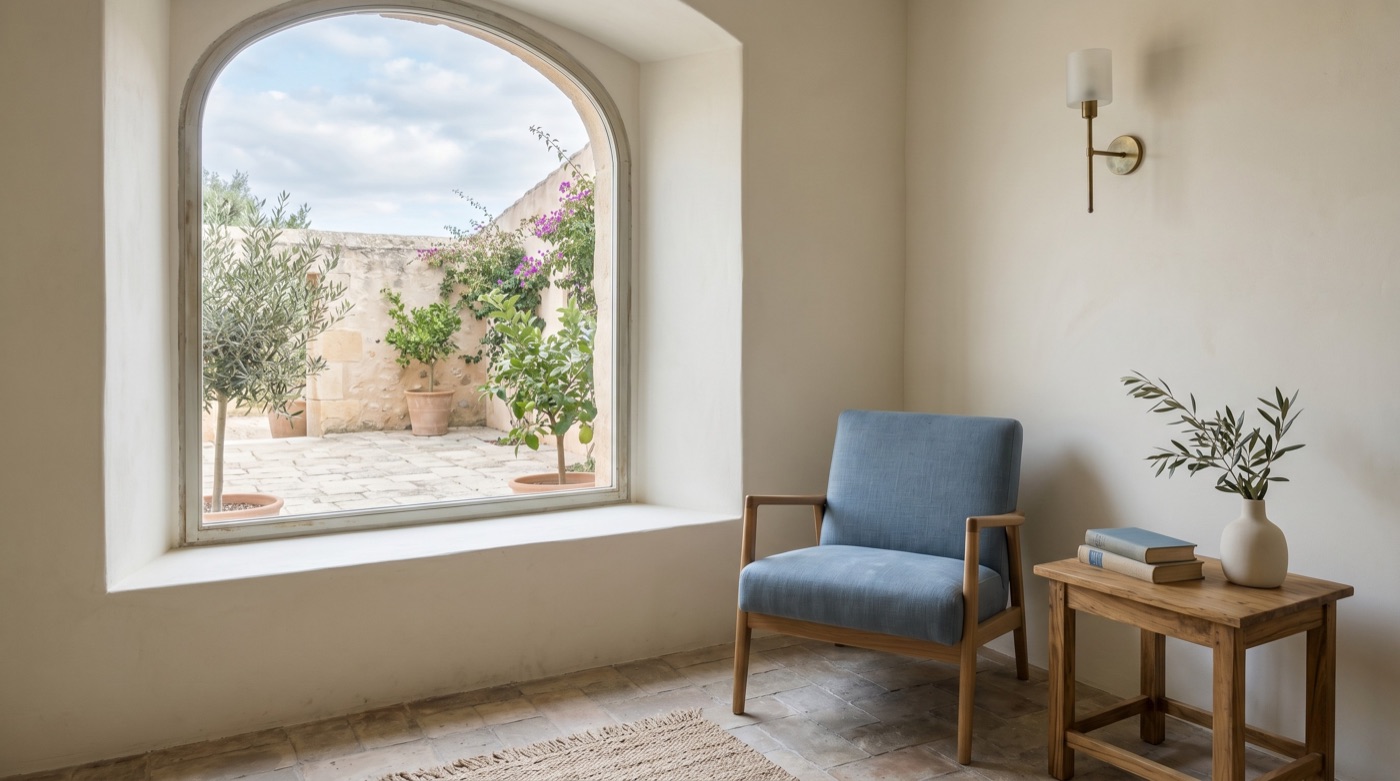 Una habitación de hotel mediterránea iluminada por el sol, con una ventana en arco que da a un patio con buganvillas