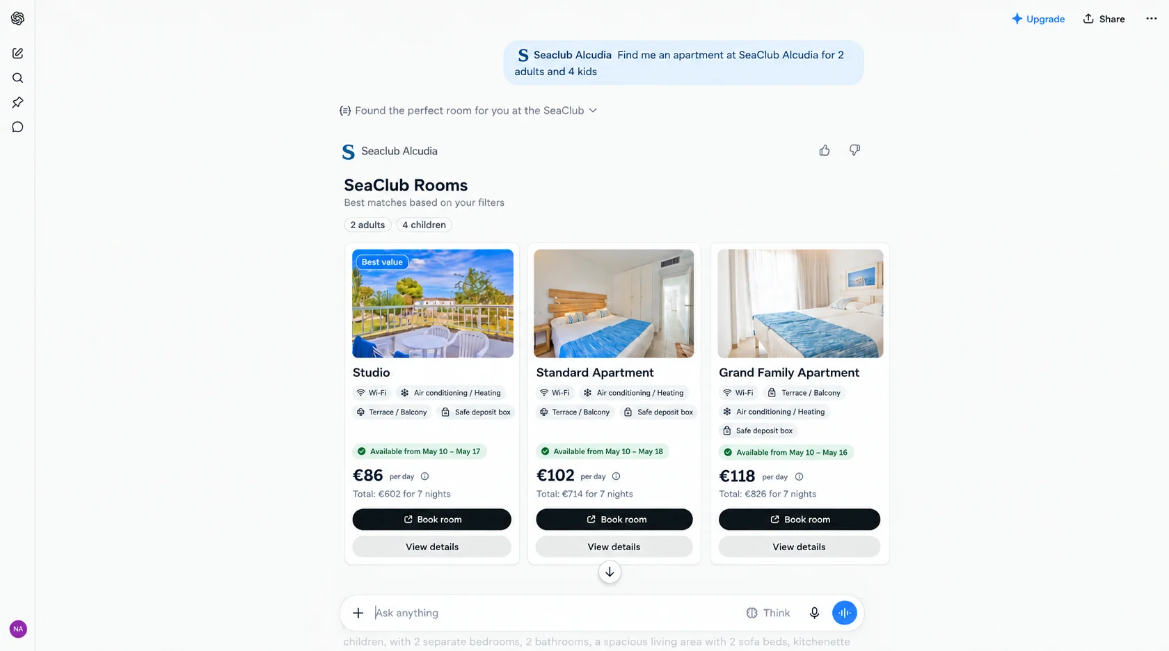 ChatGPT showing live room availability, direct rates and booking actions supplied through Listo